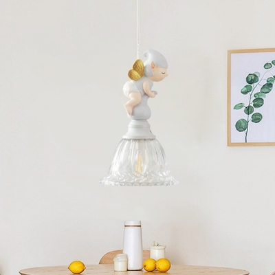 White Fairy Pendulum Light Kids 1 Head Resin Pendant Lamp with Bell Clear Glass Shade