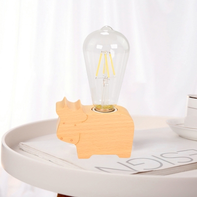 Wood Sheep/Cow/Fish Mini Night Lamp Kids Style 1-Light Beige Table Light with Exposed Bulb Design