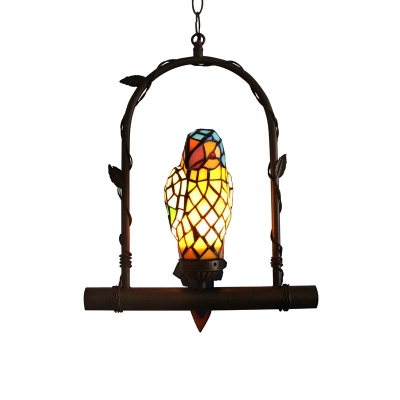 Yellow Cut Glass Parrot Pendant Tiffany 1-Light Antiqued Bronze Pendulum Light with Arched Frame