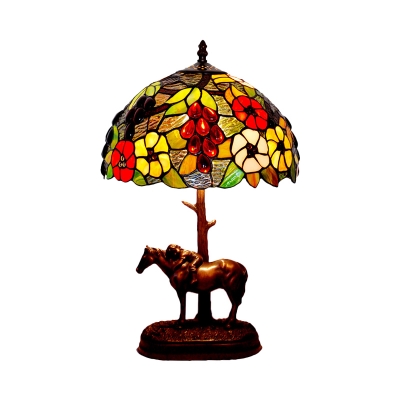 1-Bulb Domed Nightstand Lamp Mediterranean Coffee Stained Glass Night Lighting with Horse and Kid Deco
