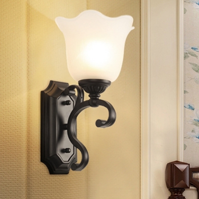 1 Bulb Sconce Light Countryside Living Room Wall Mount Lamp with Bloom Milky Glass Shade in Black