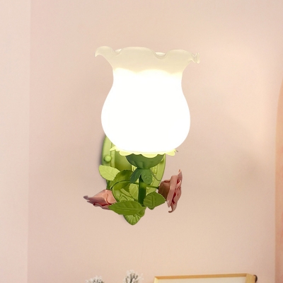 1 Head Metal Wall Mount Light Fixture Country Green/White Curved Arm Bedroom Sconce with Petal Frosted Glass Shade