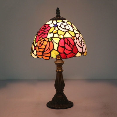 

1-Light Night Light Tiffany Dome Shaped Hand Cut Glass Nightstand Lamp in Yellow/Orange/Purple with Rose Pattern, Orange;purple;yellow, HL626553