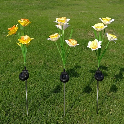 4-Head Backyard Solar Stake Lights Modern Orange-Yellow/White/Yellow-White LED Ground Lighting with Daffodils Fabric Shade, 2pcs