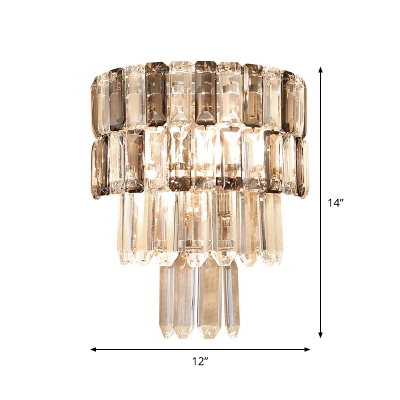 2-Light 4 Tiers Tapered Wall Lamp Modern Style Smoke Grey Crystal Flush Mount Wall Sconce for Dining Room