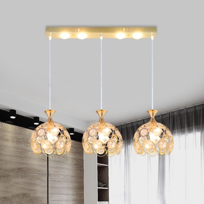 3-Head Dining Room Cluster Pendant Light Contemporary Gold with Dome Crystal Encrusted Shade