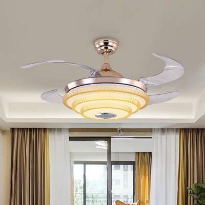 4 Blades LED Bedroom Semi Flush Modern Gold Finish Ceiling Fan Light with 3-Layer Beveled Crystal Shade, 19.5