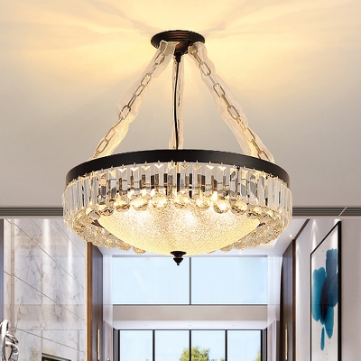 4-Head Crystal Prism Chandelier Vintage Black Circle Parlor Hanging Light with Bowl Textured Glass Shade