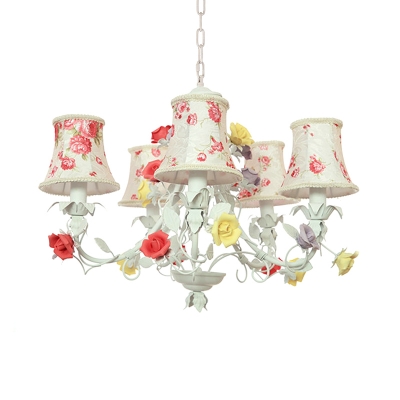 5 Lights Bell Hanging Chandelier Korean Flower White Fabric Suspension Lamp for Living Room