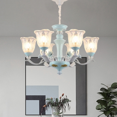 6/8 Bulbs Chandelier Lamp Pastoral Living Room Pendant Light with Flared Clear Dimpled Glass Shade in Blue
