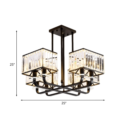 6/8 Heads Cuboid Semi Flush Chandelier Modernism Black Prismatic Crystal Ceiling Mounted Lamp