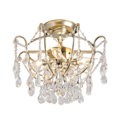 Antique Raindrop Semi Flush Light 4 Heads Crystal Flush Mount Lamp in Gold with Bowl Cage