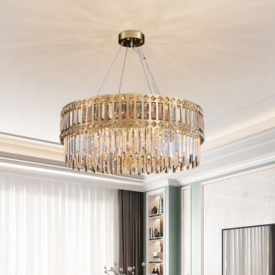 Antiqued Gold 10-Bulb Chandelier Crystal Rod Drum Shape Hanging Lamp for Living Room