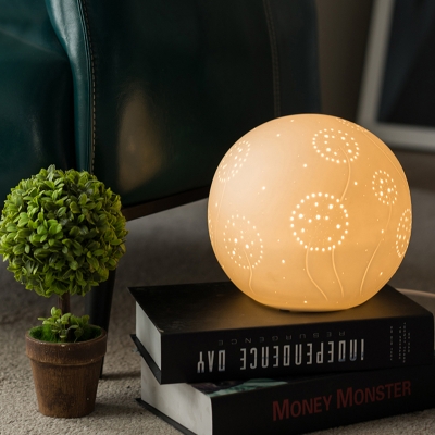 Ball Mini Night Light Simple Ceramic 1-Light White Table Stand Lamp with Dandelion Pattern