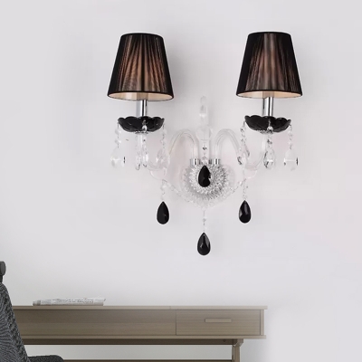Black 2-Head Wall Sconce Light Vintage Pleated Fabric Conical Wall Lamp with Curved Glass Arm