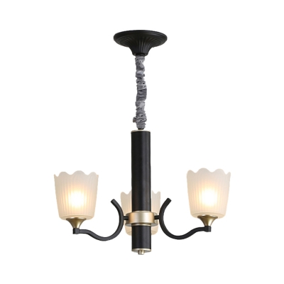 Black 3/6/8 Heads Chandelier Lighting Retro Frosted Ribbed Glass Cylinder Hanging Light Kit with Wavy Edge