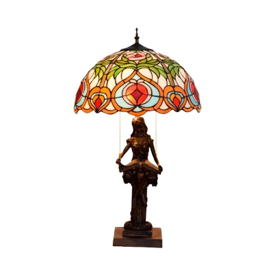Bowl Pull Chain Desk Lighting Tiffany Cut Glass 2-Light Yellow/Orange Reading Girl Nightstand Lamp for Bedroom