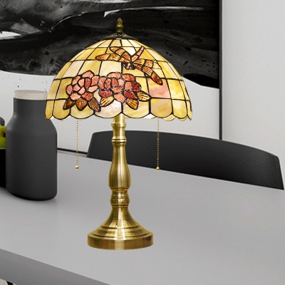 Bowl Shaped Table Light 2-Head Shell Tiffany Pull Chain Night Lamp in Brushed Brass with Rose and Dragonfly Pattern