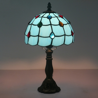 Bronze Lattice Bowl Desk Light Baroque 1 Bulb Blue Glass Gem Patterned Nightstand Lamp for Bedroom