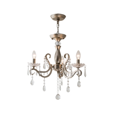 Candle Kitchen Dinette Chandelier Rustic Iron 3 Heads Aged Silver Pendant Light with K9 Crystal Accent