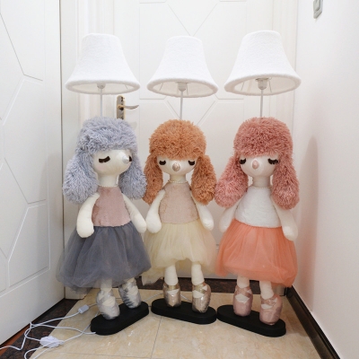 Cartoon 1 Bulb Standing Light Grey/Pink/Brown Bell Floor Lamp with Fabric Shade and Animal Base for Kids Bedroom