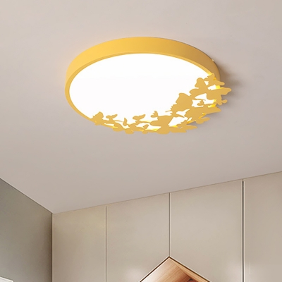 Circular Acrylic Ceiling Lighting Kids Pink/Yellow/Blue LED Flush Mount Lamp with Butterfly Design