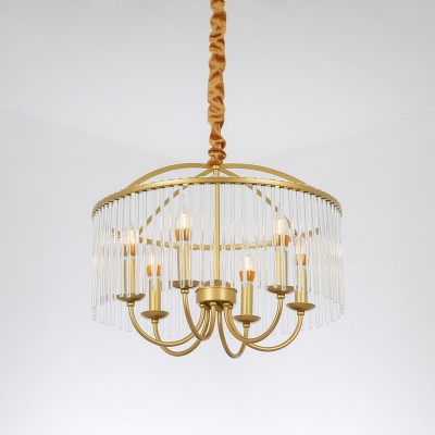 Clear Crystal Rod Drum Shape Pendant Postmodern 6 Bulbs Bedroom Chandelier with Candle Design