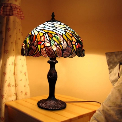 Coffee 1 Head Night Lamp Baroque Stained Glass Spiral Leaf Nightstand Light for Bedside