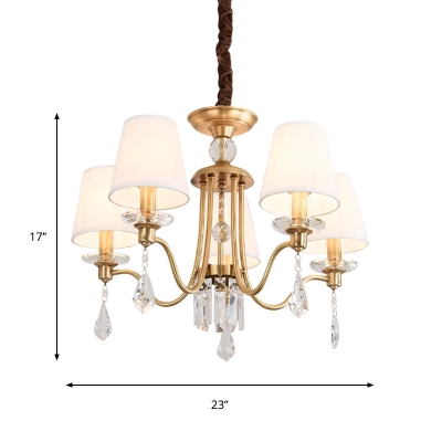 Cone Fabric Chandelier Lamp Antique 5 Bulbs Restaurant Ceiling Light in Brass with Crystal Drop