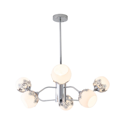Contemporary 6-Light Hanging Lamp Silver Foliage Print Chandelier with Dome White Glass Shade