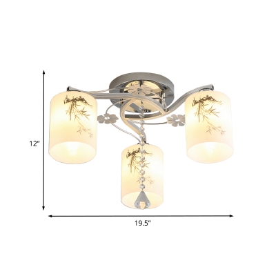 Contemporary Column Crystal Semi Flush 3 Lights Opal Glass Flush Mount in Chrome with Bamboo Pattern