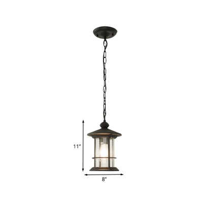 Country Cylinder Shade Drop Pendant 1 Bulb Clear Glass Ceiling Lamp in Black with Metal Frame