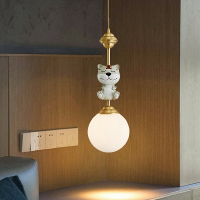 Cow/Tiger Resin Pendant Light Fixture Cartoon 1 Head Gold Suspension Lamp with Ball White Glass Shade