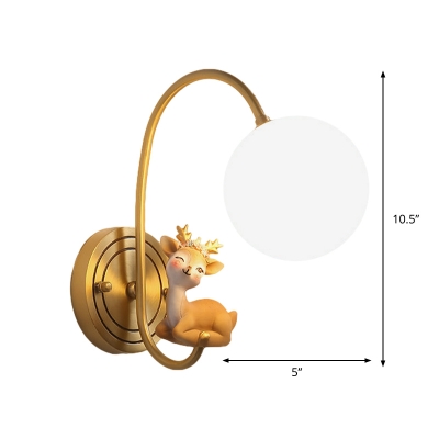 Cream Glass Orb Wall Light Kids 1 Bulb Sconce Lighting Fixture with Sika Deer Decor and Gooseneck Arm in Gold