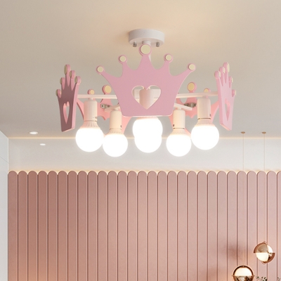 Crown Semi Flush Mount Chandelier Kid Wood 6 Bulbs Pink Close to Ceiling Light for Girl's Room