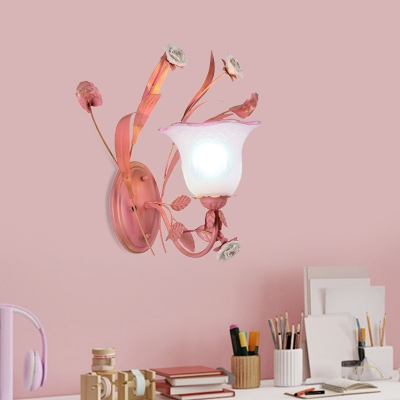 Curving Bedroom Wall Sconce Pastoral Opal Glass 1/2-Head Pink Up/Down Light with Ceramic Rose Decor