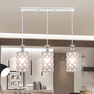 Cylinder Cluster Pendant Contemporary Inserted Crystal 3-Light Silver Finish Hanging Lamp