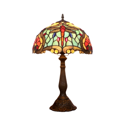 Domed Nightstand Light 1-Light Tiffany Night Lighting in Bronze with Dragonfly Pattern