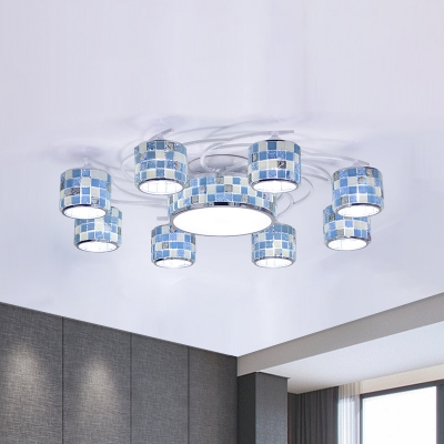 Drum Semi Flush 11 Lights Blue Stained Glass Tiffany Mosaic Patterned Ceiling Light with Spiral Design