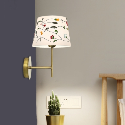 Gold Drum/Cone Wall Light Fixture Country Style Fabric 1-Light Bedroom Wall Sconce with Embroidered Pattern