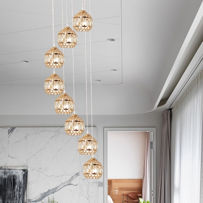 Gold Spiral Globe Multi Pendant Modernist Crystal 8-Light Hall Suspended Lighting Fixture