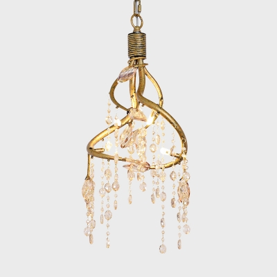 Gold Twisting Chandelier Country Style Cascading Crystal 4-Bulb Restaurant Suspension Lamp