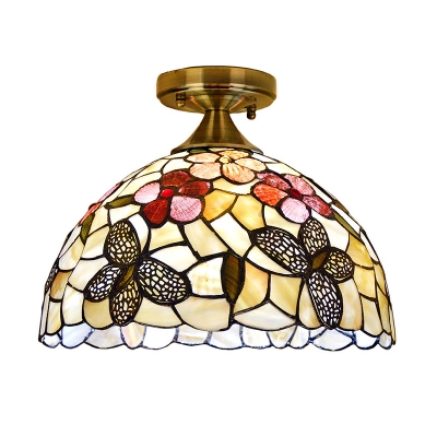 Handcrafted Shell Dome Flush Mount Tiffany 1 Head Brass Close to Ceiling Light with Butterfly Pattern