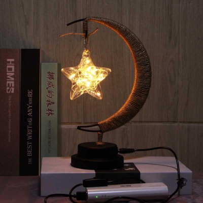 Hemp Rope Crescent LED Table Lamp Nordic Black USB/Battery Nightstand Light with Dangling Globe/Star Shade