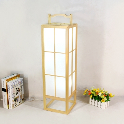 Japanese Gridded Cuboid Floor Light Wooden 1-Light Bedroom Stand Up Lamp with Handle in Beige
