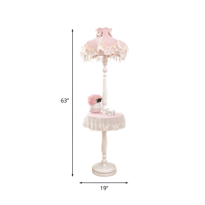 Lace Trim Night Table Light Nordic Fabric 1 Bulb Pink Nightstand Lamp with Bead Decoration