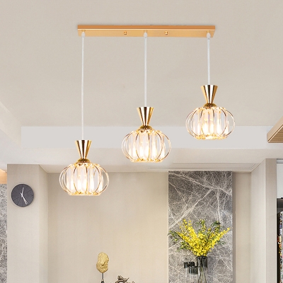 Lantern Multi Pendant Light Simplicity Faceted Crystal 3 Heads Dining Room Metal Ceiling Lamp in Gold