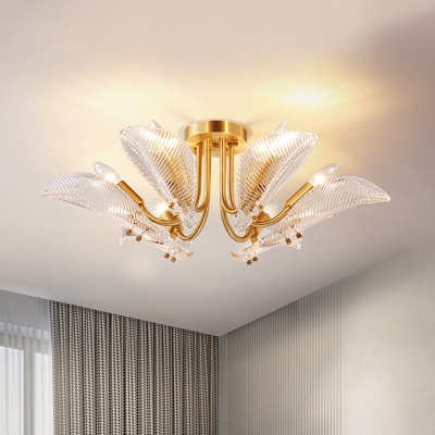 Luxury Leaf Semi Mount Lighting 6 Heads Prismatic Crystal Ceiling Light Fixture in Brass
