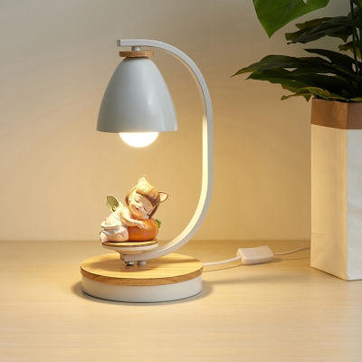 Macaron Bell Iron Table Light 1 Head Nightstand Lamp with Girl/Boy/Pig Base in White and Wood