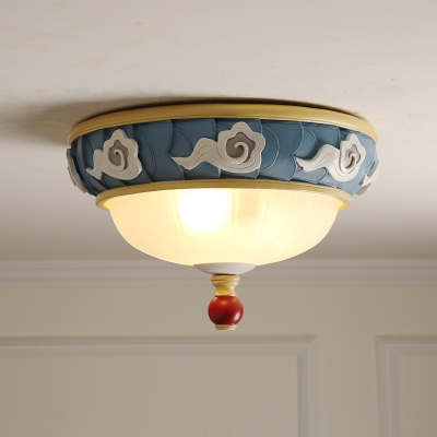 Macaron Cloud-Edge Bowl Flush Light Opaline Glass 3 Heads Bedroom Ceiling Mount Lamp in Blue